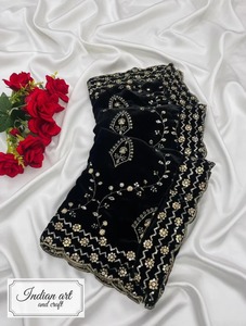 Exquisite <b>Black</b> Bridal <b>Velvet</b> Dupatta with All Over Gold Zari Floral Vine Embroidery Wedding Shawl Stole Exquisite Wedding shawl - Product Image 2