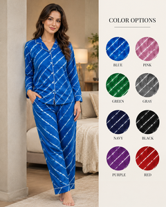 Customized Women Stylish Blue Floral Pajama <b>Set</b> Cotton Long Sleeve Sleepwear <b>Set</b> Comfortable Elastic Waist V-neck Nightwear - Product Image 3