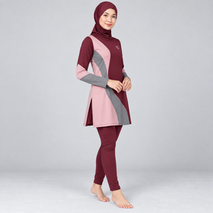 Conjunto Burkini Modesto de 3 Piezas, de Alta Demanda, con Cobertura Completa, Top Corto de Cuello Alto y Cintura Alta, con Logotipo Frontal, Efecto Lavado - Product Image 4