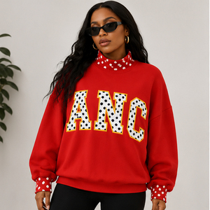 Women's Pink <b>Turtleneck</b> Sweatshirt Polka Dot ANC Letter Print Oversized Knitted Cotton Long Sleeve Autumn Style <b>Mock</b> Neck - Product Image 4