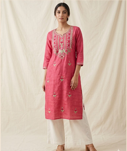 <b>Women</b> Pink Jute Cotton <b>Kurti</b> V Neck Embroidered Straight Tunic Three Quarter Sleeve Floral Detail Casual Ethnic Everyday Wear - Product Image 6