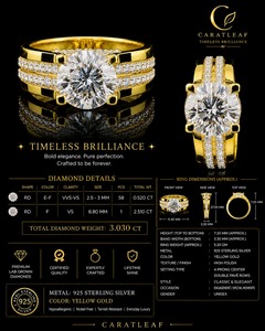 Bague de fiançailles et d'anniversaire de luxe en or jaune 14K plaqué rhodium avec halo double et diamant de laboratoire de 3,03 carats - Product Image 1