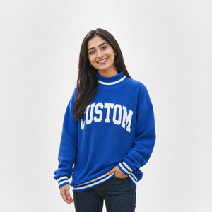 Pull en maille de polyester bleu personnalisé pour femme, col rond, avec imprimé lettres blanches, anti-boulochage, style décontracté, pour l'automne - Product Image 1