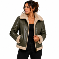 Blouson aviateur en cuir véritable pour femme avec garniture en fourrure, fermeture éclair, manteau chaud d'hiver