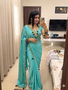 Sari en soie pure Rangoli, style Jumka, avec dentelle et broderie de perles traditionnelles, élégant, avec chemisier en satin, pour femme, vert pistache, idéal pour les fêtes. - Product Image 3