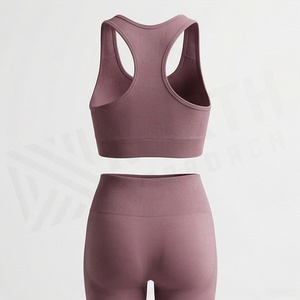 Seamless Racerback Sports Bra And High Waist <b>Leggings</b> Set Ribbed Solid Color Yoga <b>Activewear</b> For Women - Product Image 2