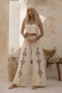 Women Bohemian Linen Wide Leg Pants High Waist Embroidery Loose Fit Full Length Summer Casual Trousers - Product Image 2