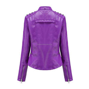 Purple Casual Biker Style <b>Leather</b> Women's Jackets with Round Studded Shoulders Slim Fit Asymmetrical Zipper and Pockets - Product Image 2