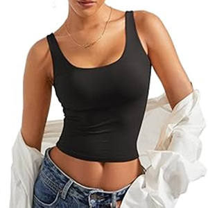 เสื้อครอปท็อปไร้ตะเข็บ คอกว้าง แขนกุด สีดำล้วน สำหรับโยคะและออกกำลังกาย - Product Image 4