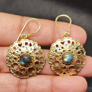 Beautiful Natural Flashy Labradorite Long Drop Earrings Solid Brass Gold Plated Beaded Design Bezel Set Handmade Trendy - Product Image 4