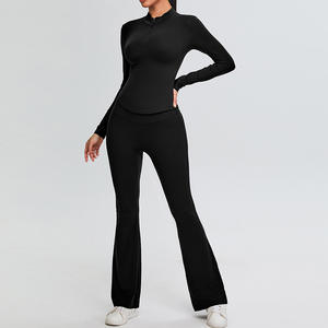 Nouvel ensemble de yoga 2 pièces pour femme, automne-hiver, asymétrique, coupe ajustée, manches longues, couleur unie, antibactérien, avec pantalon large légèrement évasé - Product Image 2