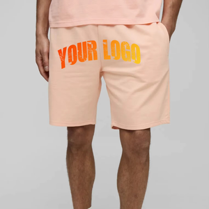 Shorts en molleton de coton pêche pour homme, coupe droite, imprimé graphique, taille à cordon, style décontracté streetwear, shorts de sport d'été - Product Image 1