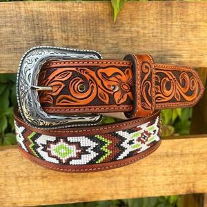 2026 New Full Grain Leather Western Stylish Cowboy <b>Belt</b> With Bead <b>Work</b> And Hand Tooled Design Top Manufacturer For Men And Women - Product Image 1