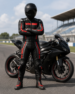 Combinaison de moto unisexe à manches longues en cuir noir et rouge respirante 500g avec protection CE, coupe-vent, design color block, toutes saisons - Product Image 4