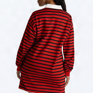 Robe pull mini décontractée tendance pour femme, grande taille, à rayures rugby, manches longues, col polo, tricotée, rouge et noir - Product Image 2