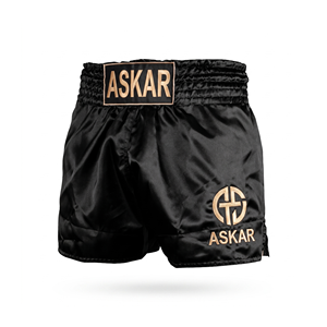 Shorts de boxe Askar unisexe noirs, séchage rapide, respirants, légers, en coton/polyester, vêtements d'arts martiaux pour adultes, coupe ample, logo sur le devant - Product Image 1