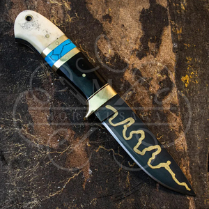 Couteau de chasse artisanal sur mesure, revêtement noir, avec bolster en laiton, lame pleine longueur - Product Image 4