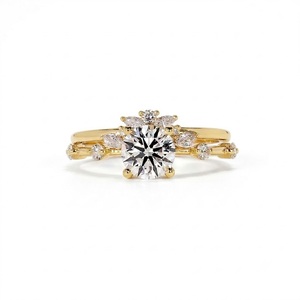 Bague de fiançailles ronde en or jaune 14K, couleur E, clarté VS1, 1,13 carat, avec diamant de laboratoire, ensemble de bagues de mariage empilables, style cluster - Product Image 1