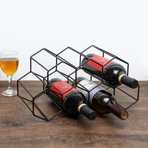 Moderno Soporte Hexagonal de Alambre para Botellas de Vino, Estante Geométrico Minimalista de Hierro Negro para Vino, de Sobremesa - Product Image 2
