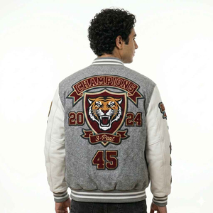 เสื้อแจ็คเก็ตเบสบอลทรงสลิมฟิตสำหรับผู้ชาย แบรนด์ Mens Hotline Miami Varsity Letterman  ผ้าวูล  แฟชั่นลำลอง  คอตั้ง  ให้ความอบอุ่น เหมาะสำหรับวัยรุ่นและนักศึกษา - Product Image 3