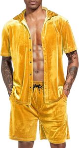 Ensemble de survêtement d'été personnalisé pour homme en velours respirant de haute qualité, short de jogging et short à boutons, coupe ajustée, jaune, deux pièces - Product Image 3