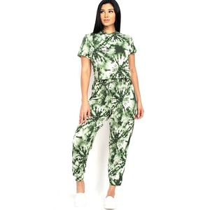 Women Olive Green Spiral Tie Dye Two Piece Set Short Sleeve Tee Drawstring <b>Cuffed</b> <b>Jogger</b> Pants Summer Loungewear Casual Set - Product Image 1