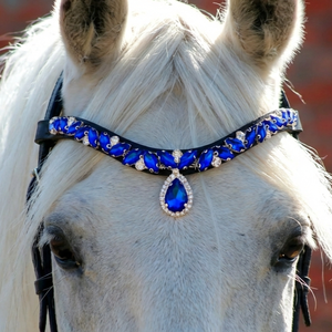 Luxury Royal Blue Drop Crystal Browband Bling U Shape Leather Horse Bridle Tack Equestrian Dressage Crown Headband HMGLOBAL - Product Image 2