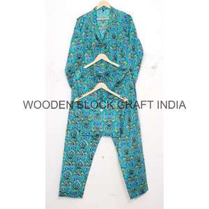 ชุดนอนผู้หญิงลายพิมพ์บล็อกมือทำ ผ้าฝ้ายเนื้อนุ่ม ใส่สบายสำหรับฤดูร้อน พร้อมคุณสมบัติเก็บความร้อน ทำด้วยมือสำหรับผู้หญิง - Product Image 5