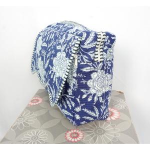 <b>WOODEN</b> <b>BLOCK</b> CRAFT INDIA Vintage Blue Floral Quilted Cotton Zipper Closure Eco-Friendly Cosmetic Bag Striped Trim Tassel Pattern - Product Image 4