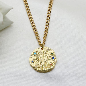 925 Silver Gold Plated <b>Gemini</b> Zodiac Pendant <b>Necklace</b> Textured Twins Medallion Colorful CZ Curb Chain Wholesale - Product Image 1