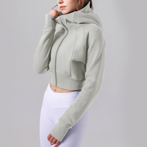 Sweat-shirt à capuche court pour femme, style streetwear, manches longues, tissu doux, décontracté, idéal pour le yoga, l'entraînement et le jogging - Product Image 2