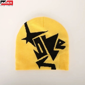 Gorro Unisex Amarillo con Patrón Geométrico Negro, Tejido Jacquard, Estilo Urbano, Gorro de Invierno, 56-58cm, Uso Casual para Adultos - Product Image 1