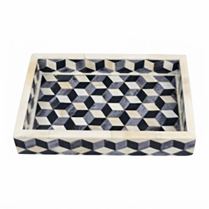 Bandeja Decorativa de Lujo con Incrustaciones Geométricas de Hueso, Hecha a Mano, con Ilusión Óptica 3D en Blanco y Negro, para Hogar y Hotel, Venta al Por Mayor - Product Image 1