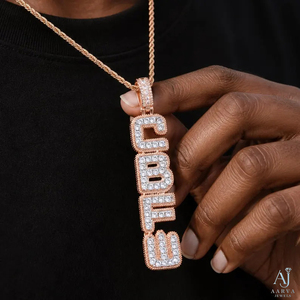 Colgante vertical de nombre en plata 925 chapada en oro rosa con letras de burbuja de moissanita, cadena de cuerda, estilo hip hop, moderno, personalizado y certificado. - Product Image 4