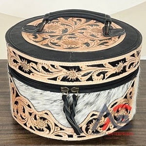 Luxury Hand Tooled Leather Cowhide Jewelry <b>Box</b> Case for Women's Western <b>Floral</b> Travel Organizer with Zipper Closure Vanity Case - Product Image 1