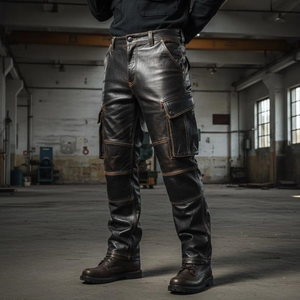 Men's Genuine Leather Cargo Pants Black Leather Utility Pants Motorcycle Biker Leather <b>Trousers</b> Tactical Leather - Product Image 1