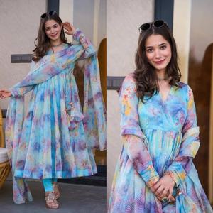 Vestido Largo de Fiesta Anarkali para Mujer, Diseño de Impresión Digital, Estilo Étnico Indio, con Dupatta Pesada en la Parte Inferior - Product Image 1