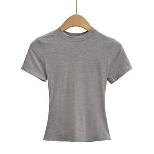 Camiseta Corta de Mujer, Estilo Vintage, Cuello Redondo, Corte Ajustado, Manga Corta, Color Sólido, Informal, Tejida, 100% Algodón, Transpirable y Ecológica - Product Image 5