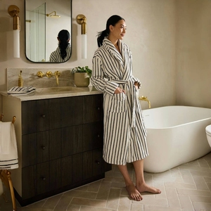 Striped Terry <b>Bathrobe</b> Plush Robe Unisex Luxury Soft Breathable Seamless Ultra Absorbent Spa for Women and <b>Men</b> - Product Image 4
