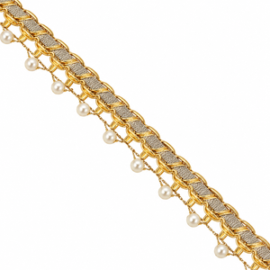 Ribete de encaje Zari dorado vintage hecho a mano por Conifer con lentejuelas y gotas de perlas para coser vestidos - Product Image 1