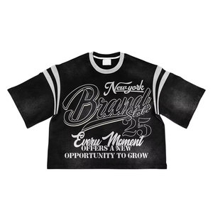 เสื้อยืดโอเวอร์ไซส์ทรงครอปสำหรับผู้ชาย แบรนด์ใหม่ พิมพ์ลายตัวอักษร แขนสั้น คอโอ แต่งขอบตัดกัน ผ้าถัก สไตล์ลำลอง - Product Image 6