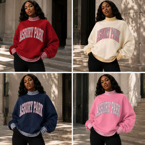 Women's Winter Oversized <b>Pink</b> <b>Sweatshirt</b> Asbury Park Gingham Letter Print Crew Neck Full Sleeve Knitted Cotton Varsity Style - Product Image 5