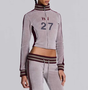 Custom Women's Crop <b>Tracksuit</b> Velvet <b>Velour</b> 2 Piece Zip Up Hoodie and Jogger Set Casual Sportswear Wholesale Manufacturer - Product Image 6