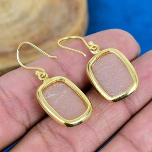Natural Peach Moonstone Cushion Shape Gemstone Hook Drop <b>Dangle</b> <b>Earrings</b> 18k Gold Micron Over 925 Sterling <b>Silver</b> - Product Image 4