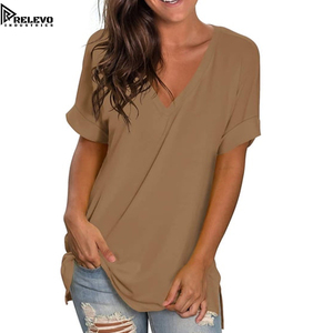 Camiseta Túnica Unisex de Cuello en V, Color Caqui, de Alta Calidad, Estética, Holgada, Elegante, Informal, de Manga Corta, para Verano, Ropa de Trabajo Informal - Product Image 1