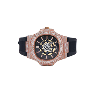Luxury Diamond Encrusted Analog Quartz Watch <b>Rose</b> Gold Polygon Case <b>Black</b> Silicone Band Roman Numeral Dial Sapphire Crystal - Product Image 4