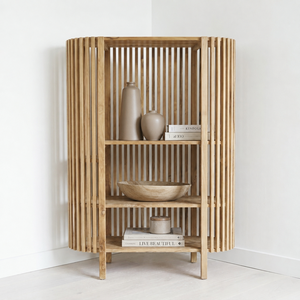 Étagère d'angle en teck massif, bibliothèque minimaliste en bois, meuble à lattes, organisateur vertical pour salon, fabricant exportateur - Product Image 5