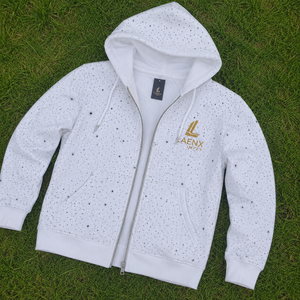 เสื้อฮู้ดซิป OEM สำหรับผู้ชาย พิมพ์ลายตามสั่ง ผ้าโพลีเอสเตอร์พรีเมียม เสื้อฮู้ดซิปเต็มตัว ประดับคริสตัลทั้งตัว สไตล์ลำลองแนวสตรีทแวร์ - Product Image 6