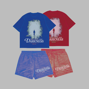เสื้อและกางเกงขาสั้นชุดเซ็ตสตรีทแวร์ผ้าคอตตอนย้อมสีแบบแอซิดวอช พร้อมโลโก้สั่งทำคุณภาพพรีเมียม สำหรับทั้งชายและหญิง - Product Image 1