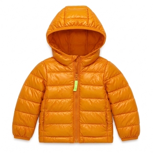 Orange <b>Denim</b> Quilted Windproof Hooded <b>Jacket</b> for Toddlers <b>Lightweight</b> Winter Coat Full Sleeve Zipper Closure Solid Color Design - Product Image 3